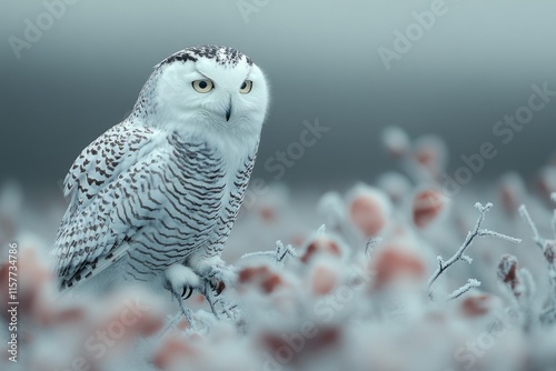 A white owl perched on a snowy field, great for winter scenes or wildlife photography