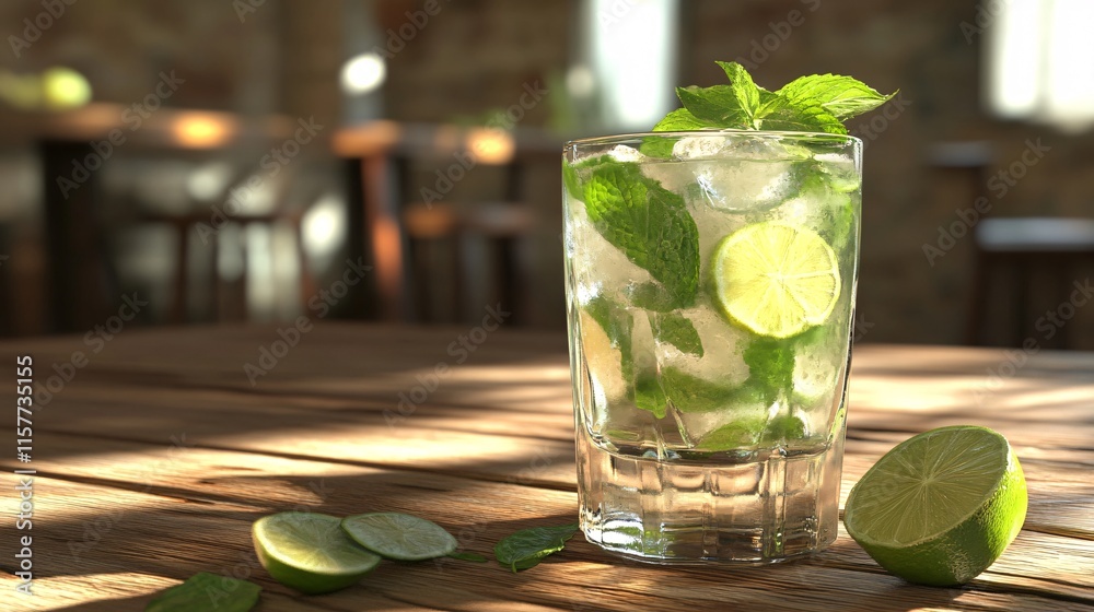 Refreshing cocktail with mint and lime garnished, set on a wooden table in a cozy atmosphere. Refreshing cocktail with mint and lime garnished, set on a wooden table in a cozy atmosphere.
