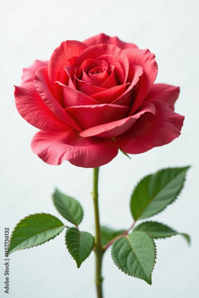 Naklejka premium A delicate red rose blooms against a crisp white background, showcasing its intricate petals and subtle color variations, red rose, simplicity