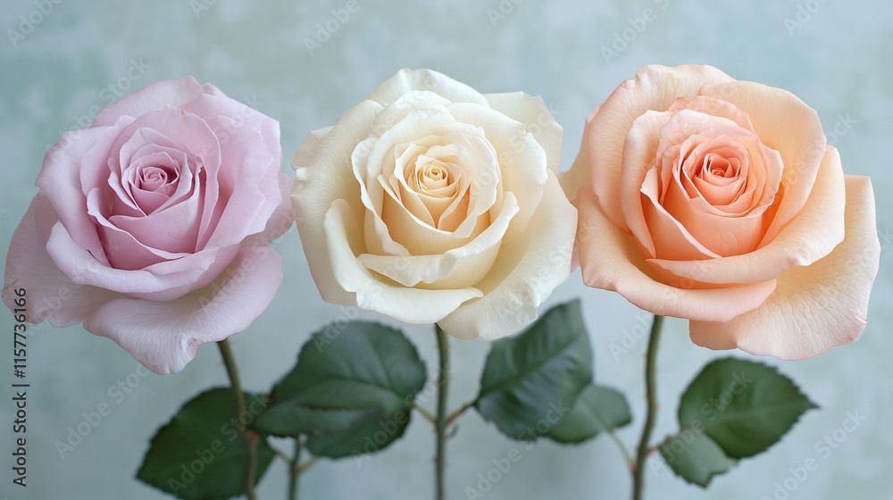 Three elegant roses in pastel shades of lavender, cream, and peach against a soft background. Three elegant roses in pastel shades of lavender, cream, and peach against a soft background.