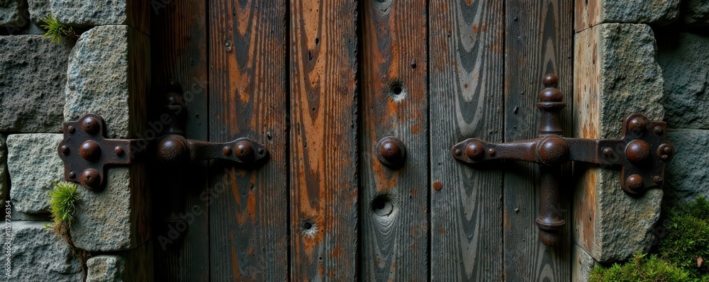 Ancient wooden door with rusty hinges and moss , moss, outdoor Ancient wooden door with rusty hinges and moss , moss, outdoor