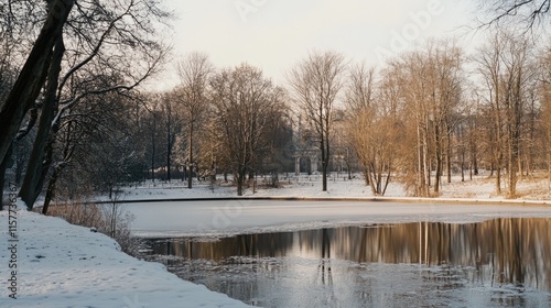 A serene pond surrounded by snow-covered trees and bushes in a winter park scene