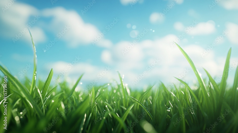 Fototapeta premium Vibrant green grass glistening under a clear blue sky with fluffy white clouds.