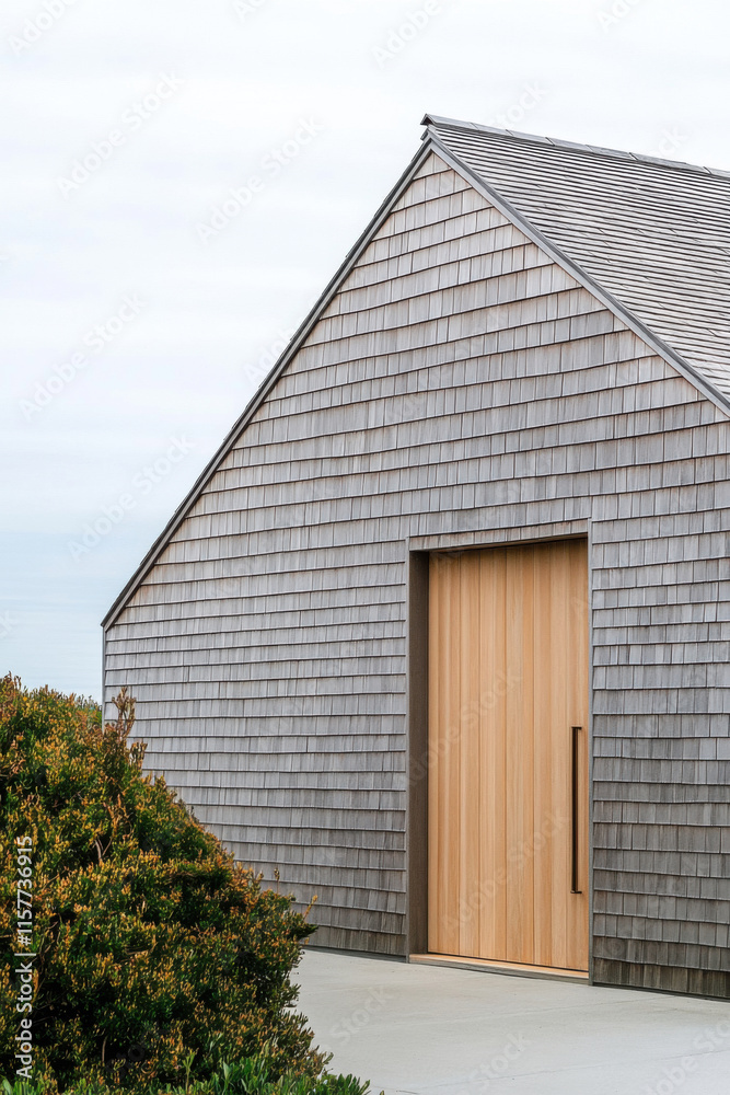 A minimalist barn-style house with shingle walls, a light wood door, and a concrete floor in Nantucket. The roof is gray-shingled, and the front of it has an open space for plants to grow. A minimalist barn-style house with shingle walls, a light wood door, and a concrete floor in Nantucket. The roof is gray-shingled, and the front of it has an open space for plants to grow.