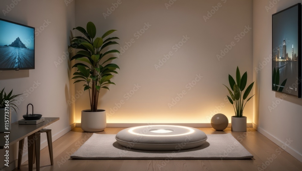 Minimalist Wellness Corner in Home with Meditation Tech. Great for promoting wellness gadgets, smart home interiors, or mindfulness lifestyle concepts Minimalist Wellness Corner in Home with Meditation Tech. Great for promoting wellness gadgets, smart home interiors, or mindfulness lifestyle concepts