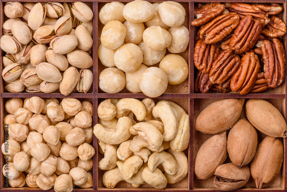 Box with various nuts cashew, macadamia, peanut, cedar, pecan, walnut, brazil, hazelnut Box with various nuts cashew, macadamia, peanut, cedar, pecan, walnut, brazil, hazelnut