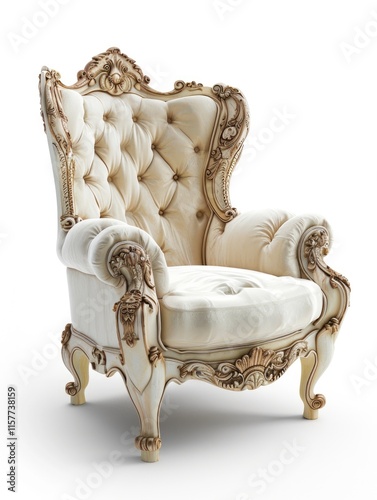 Vintage Elegance: Old-fashioned Wing Chair with Carved Legs on White Background photo