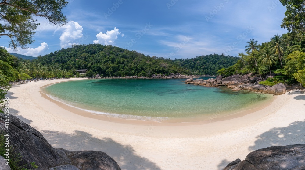 Serene Beach with White Sand and Palm Trees Serene Beach with White Sand and Palm Trees