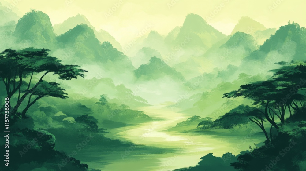 Misty Hills with Winding River and Lush Forest Misty Hills with Winding River and Lush Forest