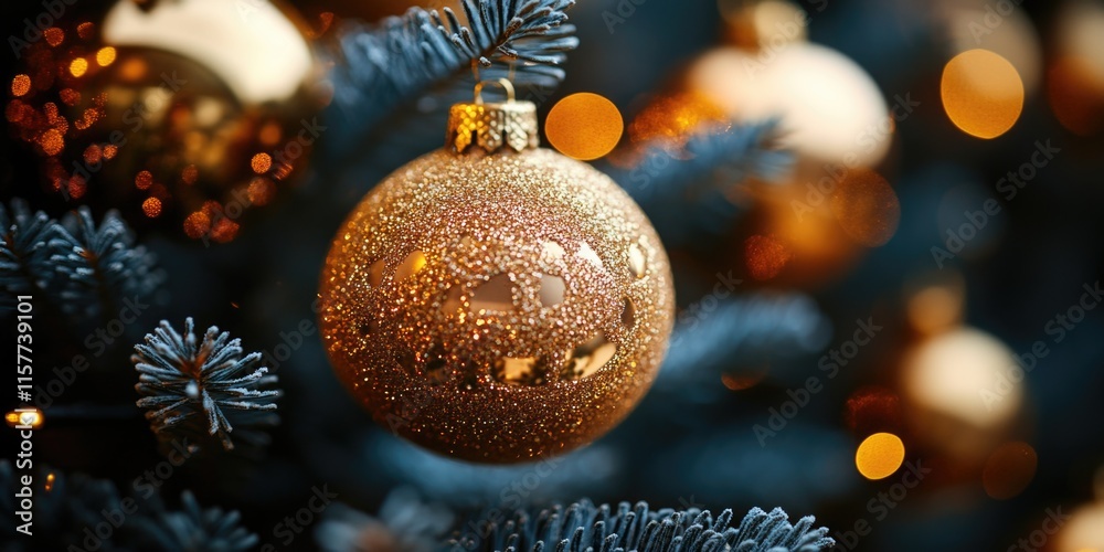 Obraz premium A detailed view of a festive Christmas ornament hanging from a tree branch