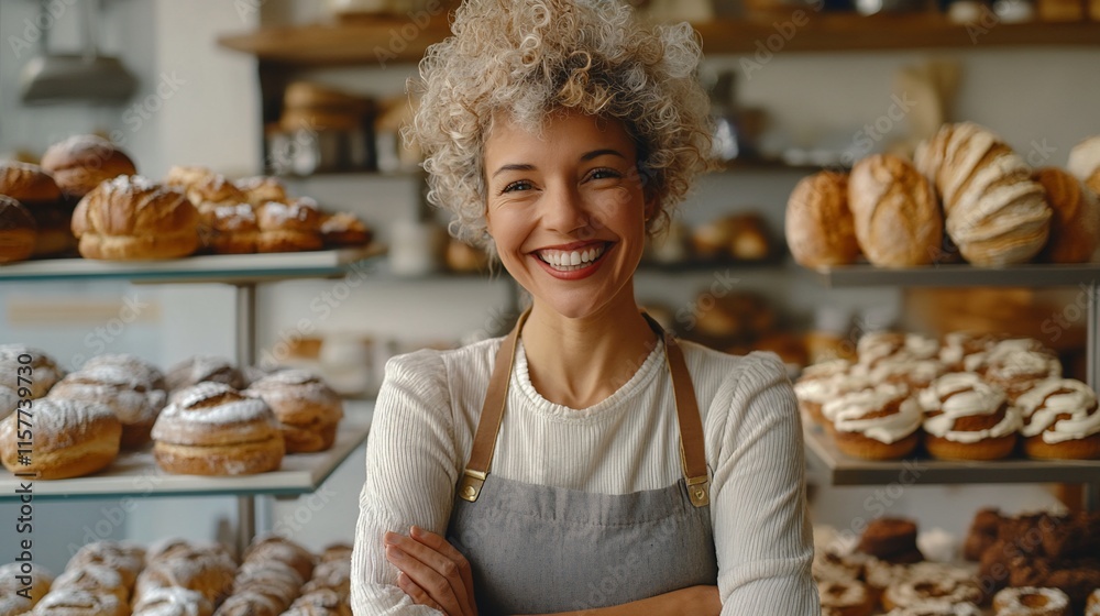 A smiling baker stands proudly in a bakery filled with various pastries. A smiling baker stands proudly in a bakery filled with various pastries.