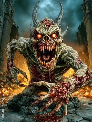A zombie monster with red blood oozing from its mouth