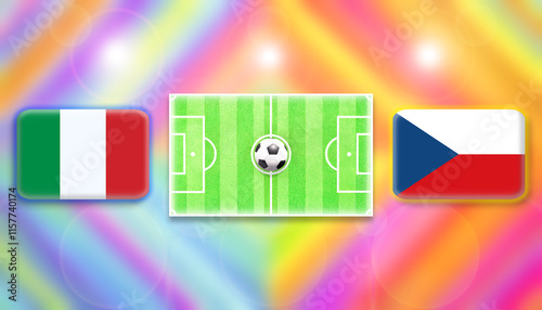 Italy and Czech flag on soccer field with ball.Football match concept against multicolored abstract background.Copy space for text.	