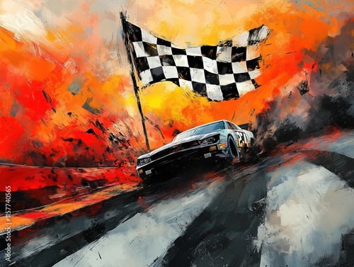 A checkered flag is flying in the air above a race track