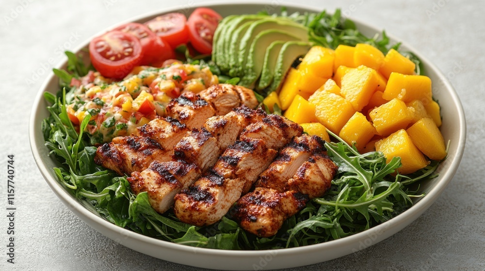 Grilled chicken salad with mango, avocado, corn, and tomatoes. Grilled chicken salad with mango, avocado, corn, and tomatoes.