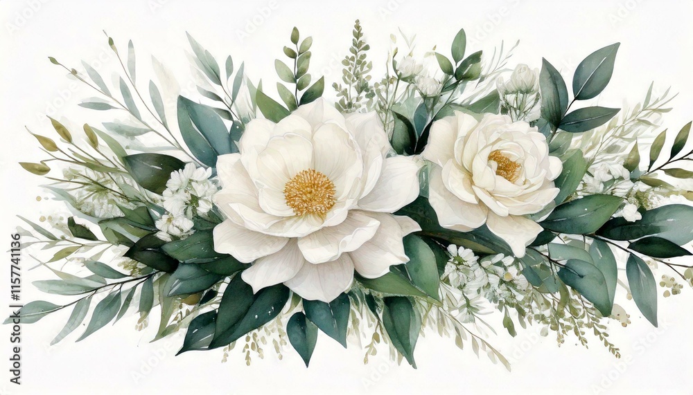 Fototapeta premium A beautiful floral watercolor bouquet featuring elegant white flowers and green foliage