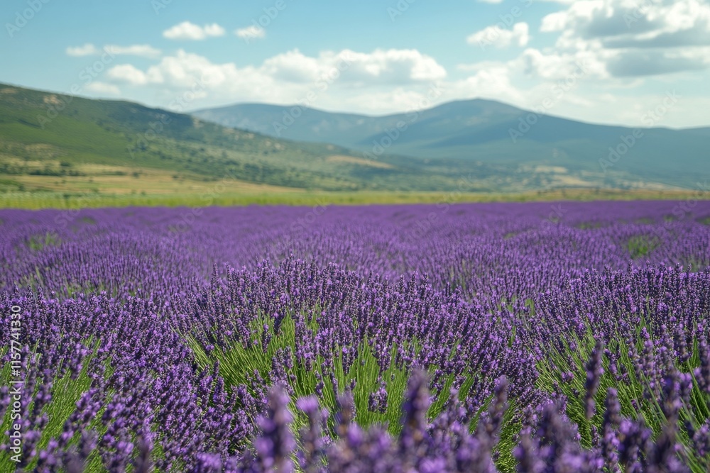 Fototapeta premium Expansive field of vibrant purple flowers under a clear blue sky in a mountainous landscape