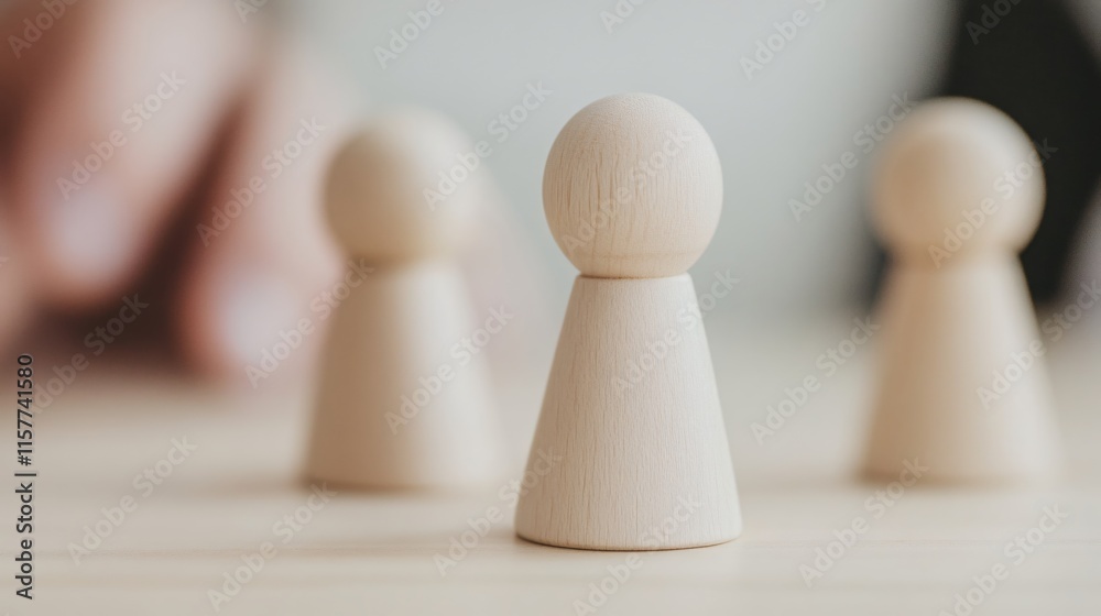 Wooden Game Pieces on Table with Blurred Hand in Background Wooden Game Pieces on Table with Blurred Hand in Background