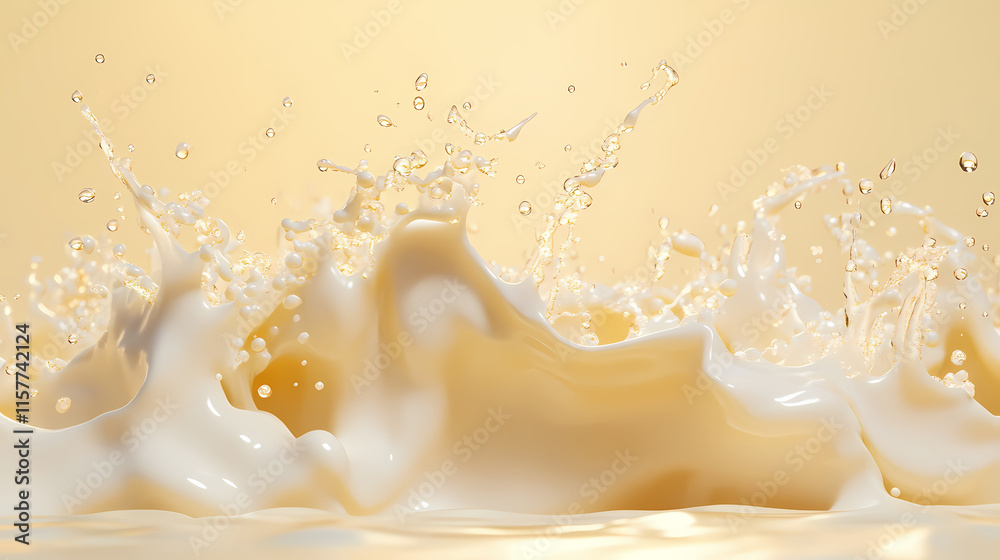 Milk splash, golden background, liquid dynamics, high-speed photography, creamy texture, droplets, fluid motion, minimalist composition, warm tones, soft lighting, 3d render. Velutinous. Illustration Milk splash, golden background, liquid dynamics, high-speed photography, creamy texture, droplets, fluid motion, minimalist composition, warm tones, soft lighting, 3d render. Velutinous. Illustration