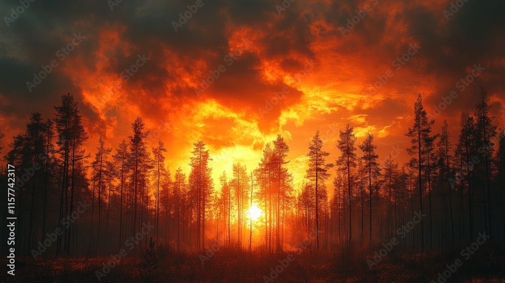 A dramatic sunset illuminating a forest, casting shadows among the trees. A dramatic sunset illuminating a forest, casting shadows among the trees.