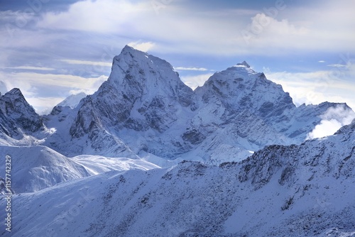 Amazing winter scenery of Himalaya panorama with Cholatse Mount from route to Renjo La Pass. Sagarmatha National Park, Himalayas, Nepal photo