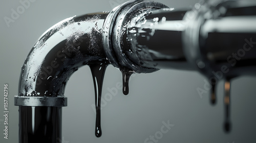 Silver pipes are slowly leaking a sticky, viscous liquid, creating a hazardous situation, danger, leak, spill, pipe, fluid. Velutinous. Illustration