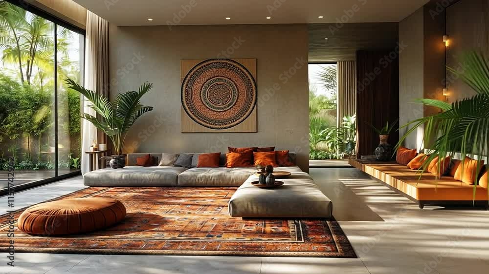 Modern living room with boho chic decor and tropical views