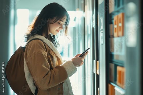 Young woman using her phone near a locker