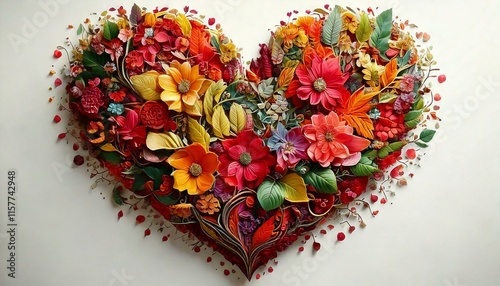 The shape of a heart drawn with a multitude of leaves and colorful flowers on a dark background