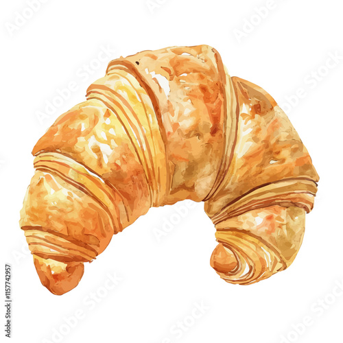 A watercolor drawing of a croissant with a golden flaky texture, isolated on a white background. Croissant vector.
