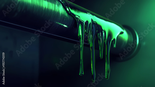 Slime drips from a metallic silver pipe in a darkened room, pipe, viscous. Velutinous. Illustration