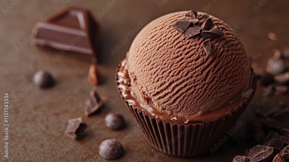 scoop of chocolate ice cream in muted mocha brown color on a brown background scoop of chocolate ice cream in muted mocha brown color on a brown background