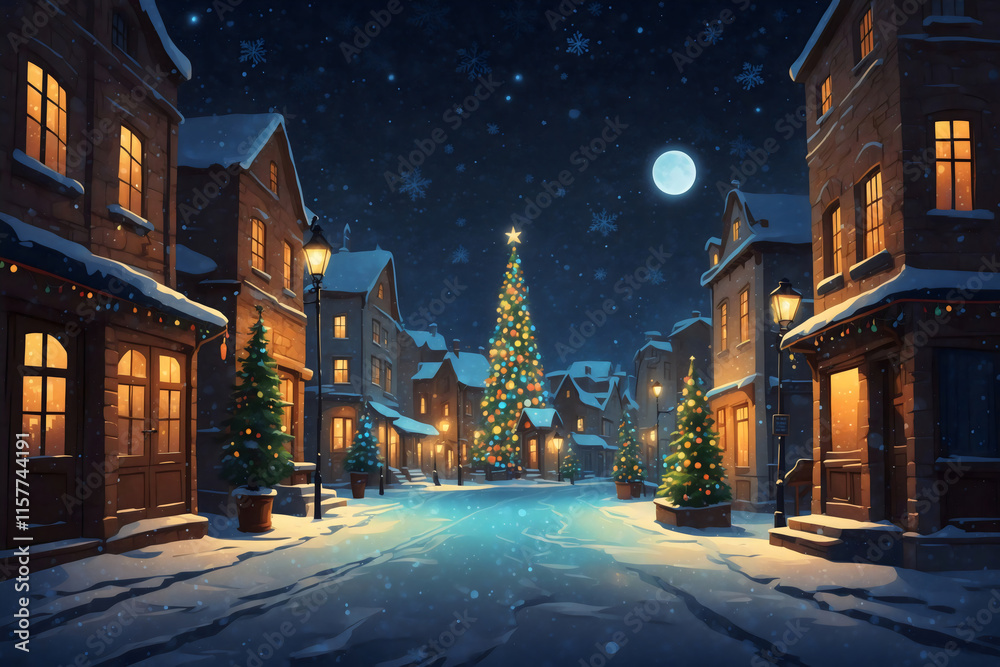 Naklejka premium A snowy old town street adorned with a big vibrant Christmas tree in center, glowing under blue starry sky and moonlight in a magical winter night scene, snow and snowflakes falls background, card
