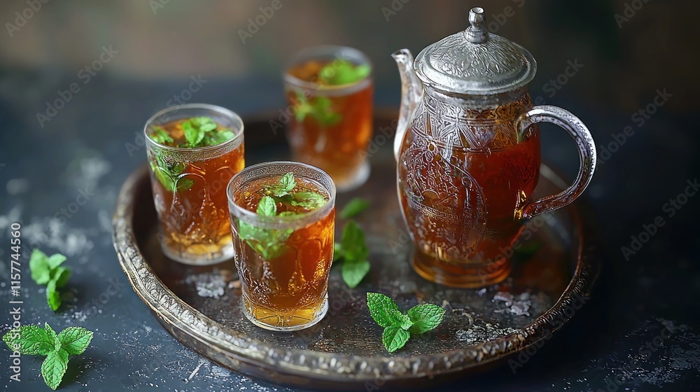 A traditional tea set with mint leaves on a decorative tray. A traditional tea set with mint leaves on a decorative tray.