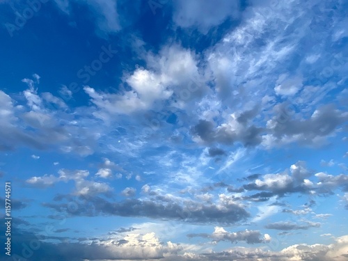 Vivid Blue Sky with Fluffy and Wispy Clouds Creating a Serene and Peaceful Atmosphere