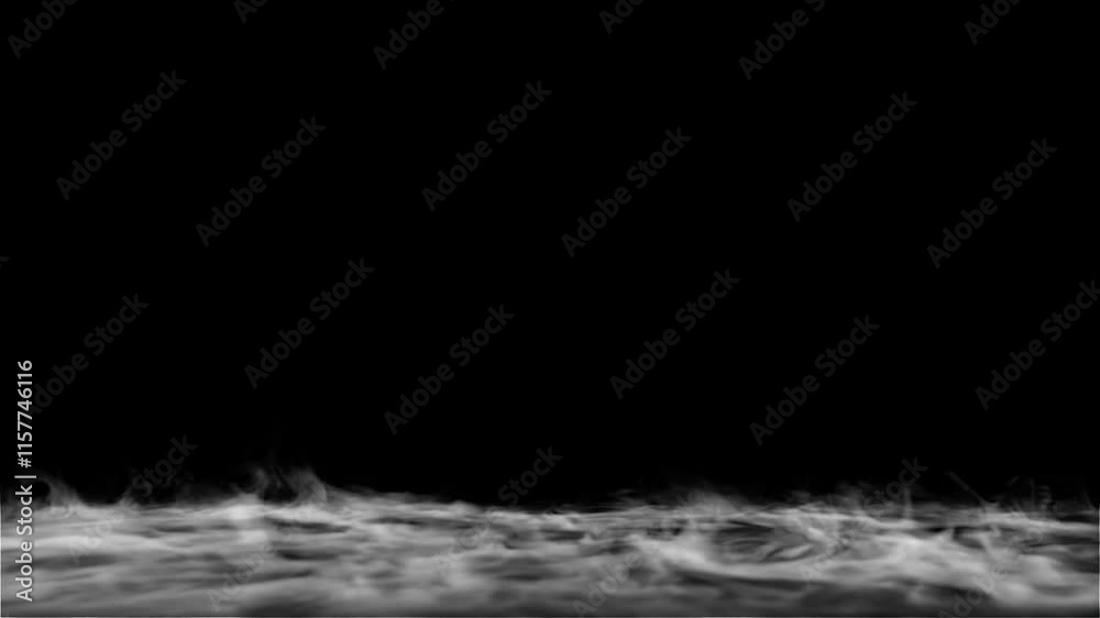 slowly moving smoke on the ground, fog mist animation, isolated on black background, 4k loop