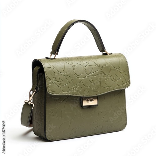 Olive green leather satchel handbag with embossed leaf design and shoulder strap. photo