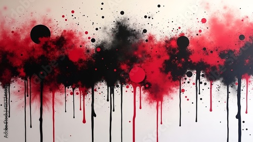 Crimson Drips & Black Spheres Abstract