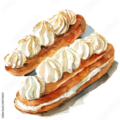 A watercolor vector of French eclairs with vanilla cream filling, placed on a plate, isolated on a white background. Eclair vector.
