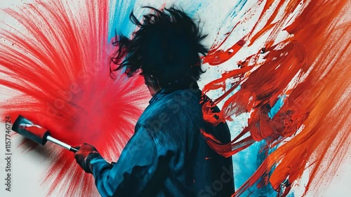 Vibrant urban artist in action creating dynamic graffiti mural with red and blue paint
