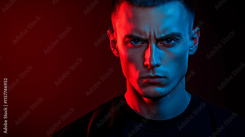 Retrato masculino con iluminación dramática en tonos rojo y azul Retrato masculino con iluminación dramática en tonos rojo y azul