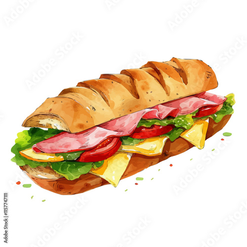 A watercolor vector of a French baguette sandwich with ham and cheese, placed on a wooden board, isolated on a white background. Sandwich vector.
