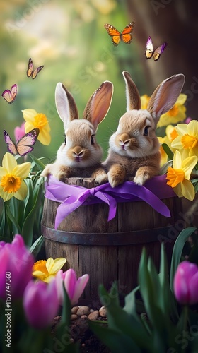 two rabbits in a bucket ideal for easter image or background