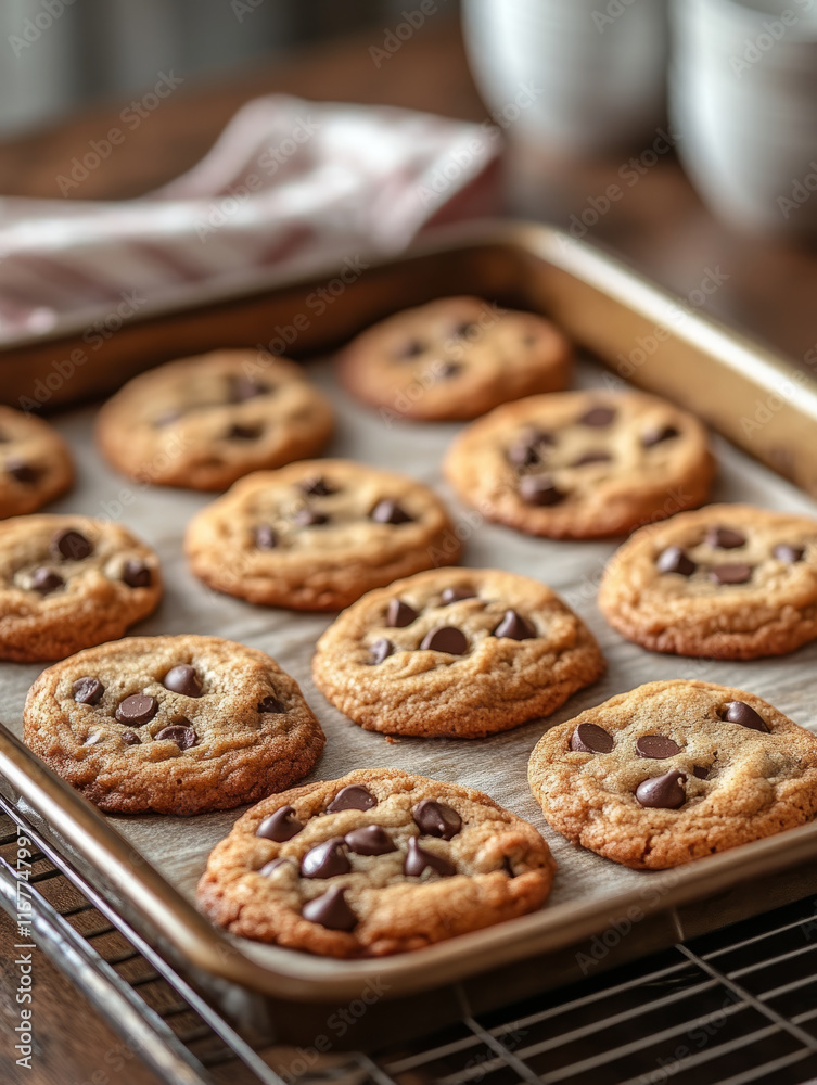 Freshly baked chocolate chip cookies on a tray Freshly baked chocolate chip cookies on a tray