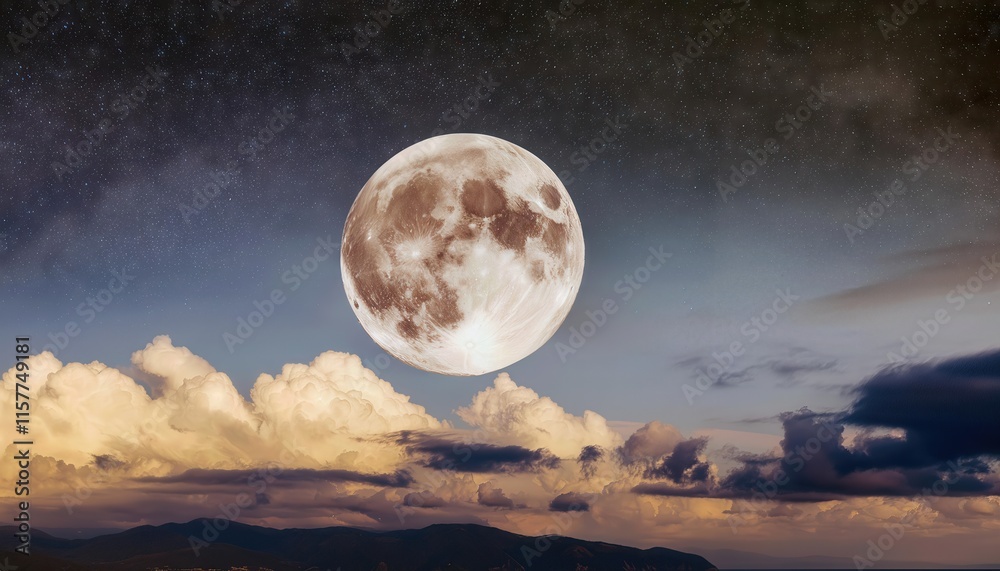 Fototapeta premium Captivating Full Moon Illuminating Clouds and Stars in the Night Sky A Breathtaking View of the Moonlight Casting Shadows on Wispy Clouds and a Starry Background
