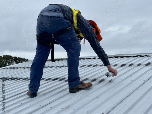 Obraz na plátne Workman performing maintenance on a long-run metal roof spraying screw holes wit