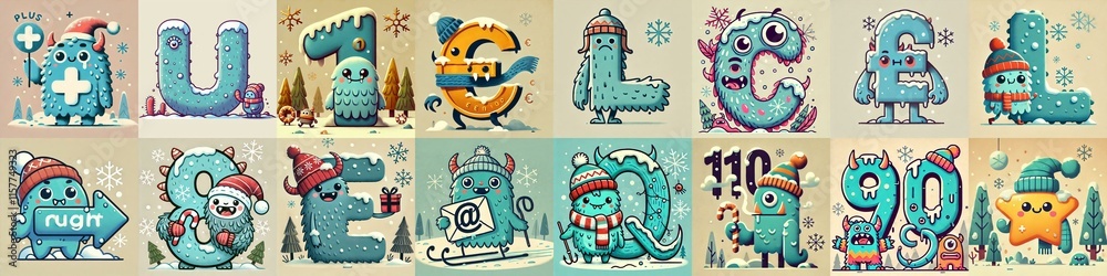 Cartoon Winter Monsters Lettering Typeface. AI generated illustration