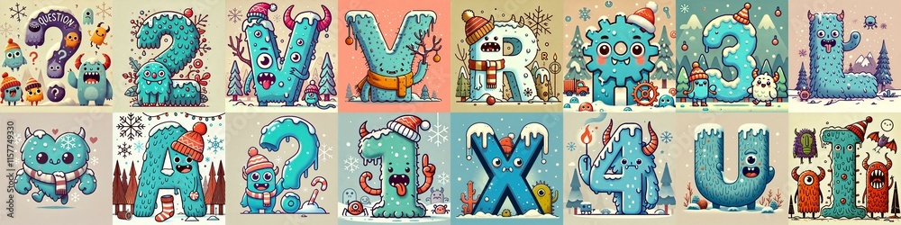 Cartoon Winter Monsters Lettering Typeface. AI generated illustration