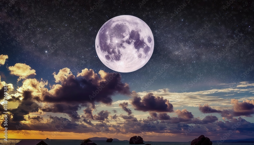 Fototapeta premium A Captivating Full Moon Illuminates Wispy Clouds and Distant Stars in a Serene Night Sky, Creating a Magical Atmosphere of Tranquility and Wonder for Stargazers and Dreamers Alike
