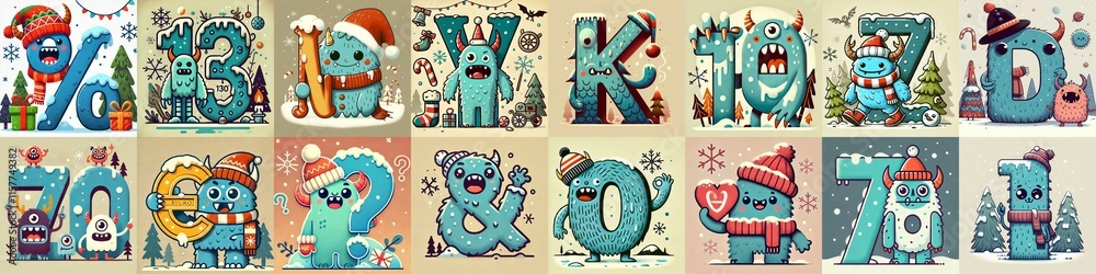 Cartoon Winter Monsters Lettering Typeface. AI generated illustration